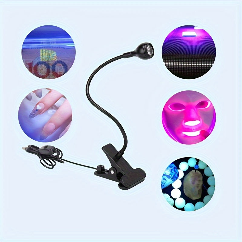 Clip-on flexible metal tube UV lamp for DIY nail art, powered by USB. Fast curing for gel nails with LED ultraviolet lights.