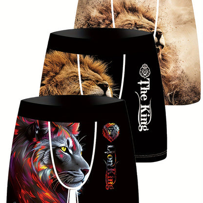 3 Men's Golden Lion Digital Print Boxer Briefs in Stretchy, Breathable Polyester with Elastic Waistband & Vivid Designs for Everyday Comfort