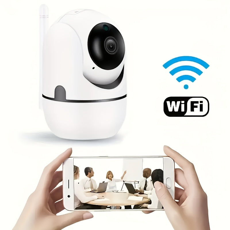 One piece Smart WiFi Security Camera with 1080P HD PTZ, 360° Pan and 110° Tilt capabilities. Features include Auto Tracking, Night Vision, Motion and Audio Detection. Connects wirelessly via 2.4G, powered by USB. Ideal for home surveillance and