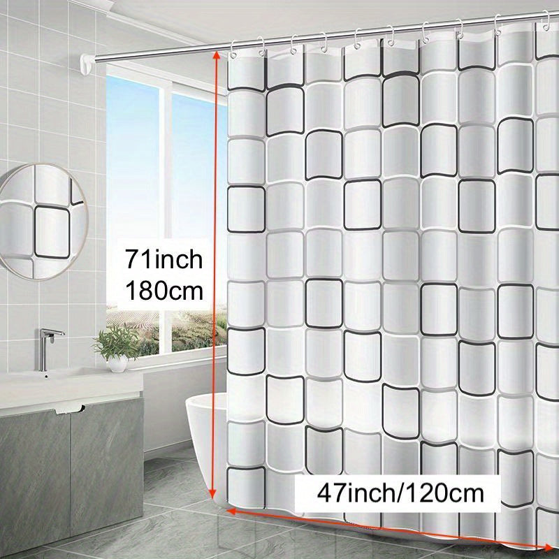 Checkered PEVA shower curtain liner with hooks, semi-transparent, waterproof, metal grommets, bathroom decor for windows.