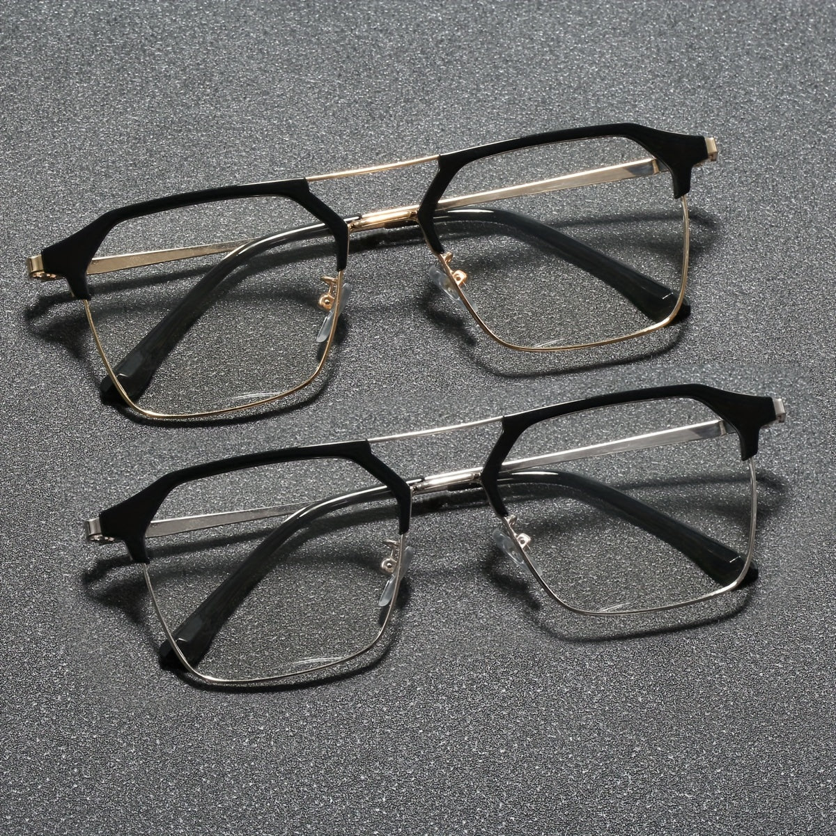 Unisex photochromic glasses with iron alloy frame and AC lens for travel, mobile, and computer use.