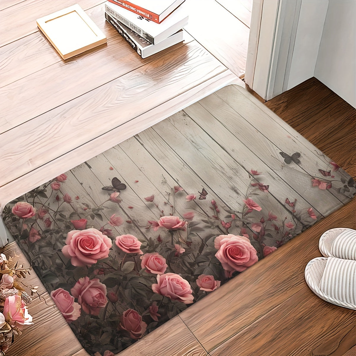 Set of 1 or 2 Rose And Wood Wall Pattern Kitchen Mats, Non-Slip and Sturdy Bathroom Pads for Floors, Soft Standing Runner Rugs, Carpets for Kitchen, Home, Office, Laundry Room, Bathroom, Perfect for Spring Decor