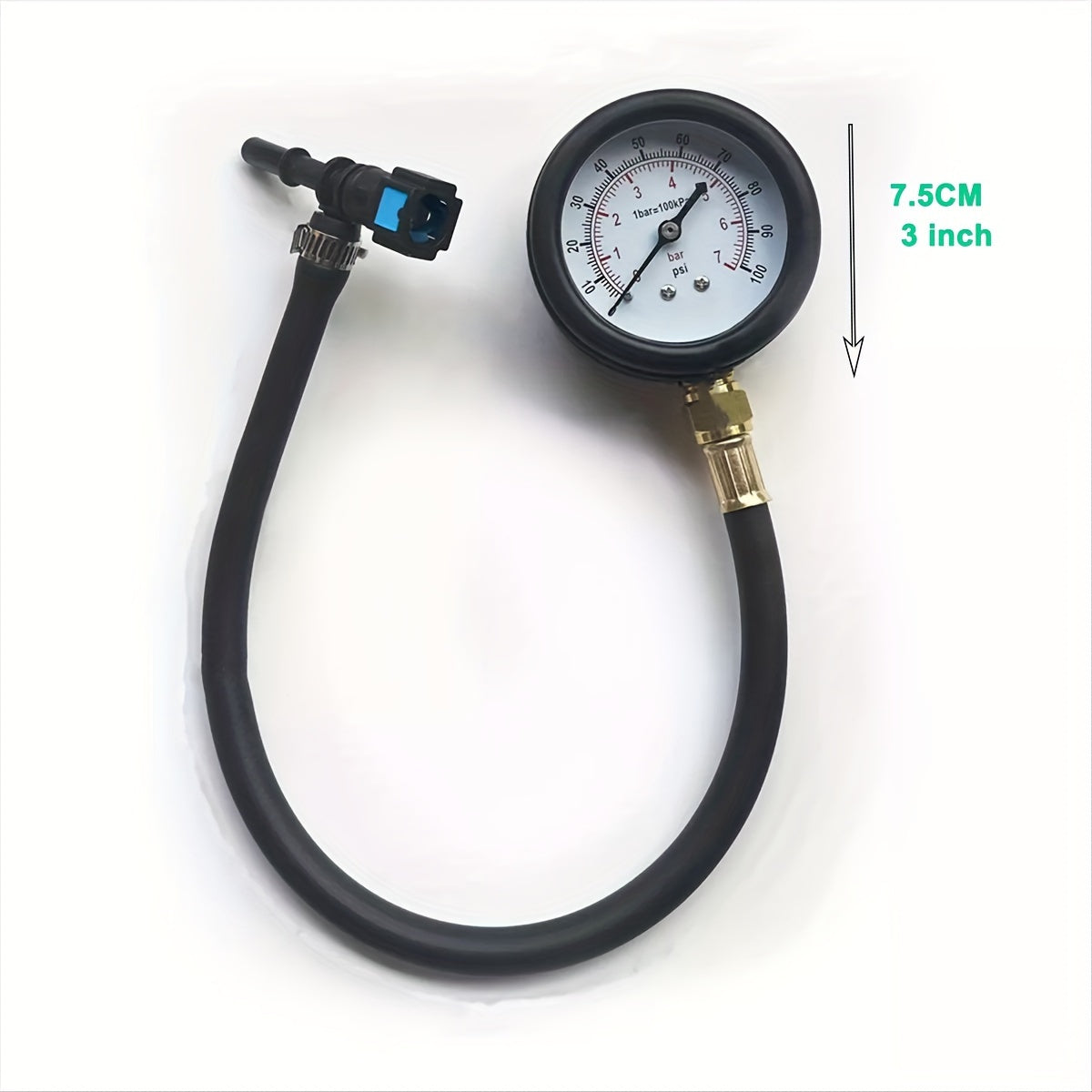 Fuel Pressure Test Kit for Car, Motorcycle, Truck with 3 size connectors, 0-100 PSI Gauge.