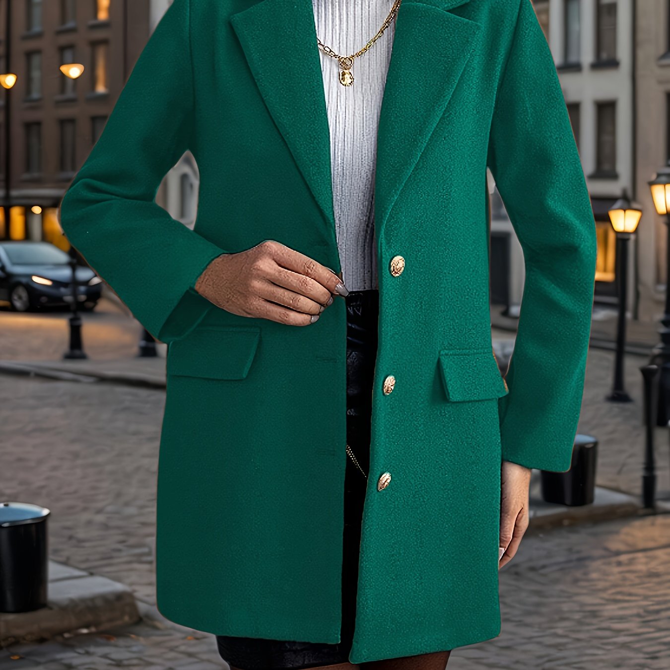 A stylish women's coat with a notched lapel, long sleeves, single-breasted closure, and fake pockets, made of polyester woven fabric for fall/winter outerwear.