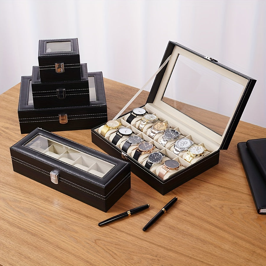 The Elegant Black Faux Leather Watch Storage Box is a popular choice for your timepiece collection. Whether you have 2, 6, 10, or 12 watches, this square flip-top design box will keep them safe and organized. The soft interior and pen holder add a touch