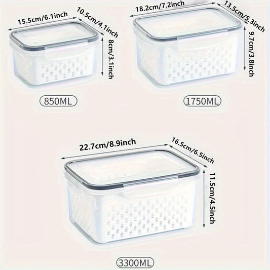 Reusable airtight plastic food storage containers featuring removable colanders, clip-on seal, and rectangle produce savers. Dishwasher safe and great for storing fresh berries, fruits, vegetables, and meat.