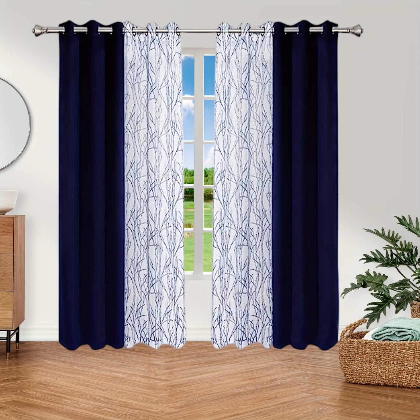 Pair of Curtains for Bedroom or Living Room - Includes 1 Sheer Branch Print Curtain and 1 Blackout Curtain, Grommet Style, 54x84 Inch Each, Dark Gray, Set of 2 Panels