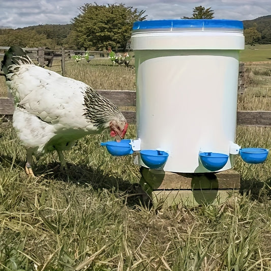 6 large blue automatic chicken water cups for ducks, geese, turkeys, and rabbits.