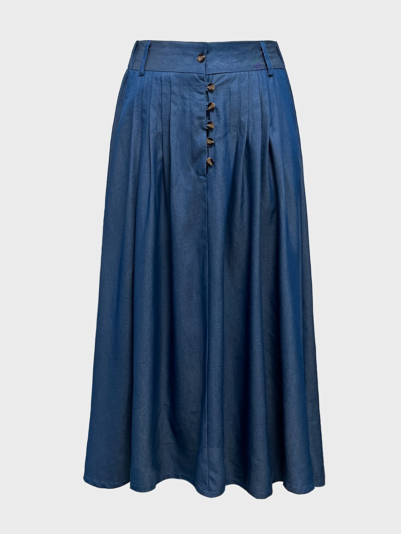 Plus size denim midi skirt with decorative button pockets, casual bohemian style in dark blue. Non-stretch, machine washable with faux button detail. Perfect for spring/summer/fall.