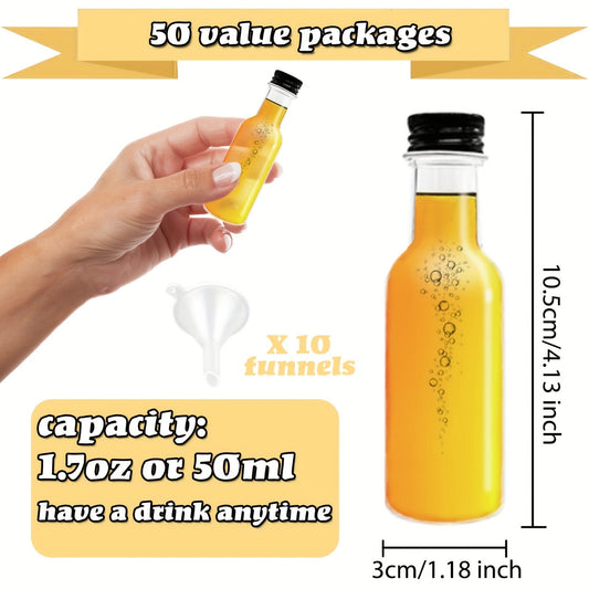 Pack of 30/50 miniature party bottles, each containing 50ml, complete with black screw caps and 10 mini funnels. These clear plastic drink containers are ideal for storing liquor, magic show props, or packaging food sauces.