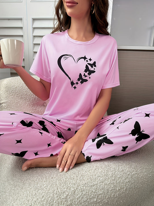 Heart and butterfly print pajama set for women, including a short sleeve top and loose long pants for lounging and sleeping.