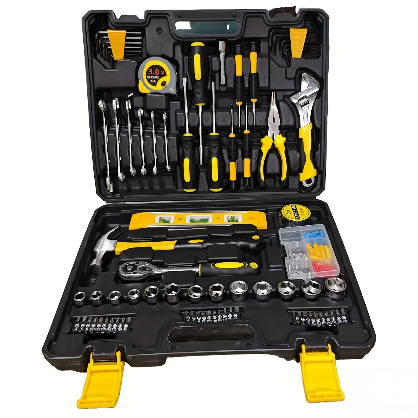 108-piece tool set for home and auto repairs, no electricity or batteries needed, made of carbon steel