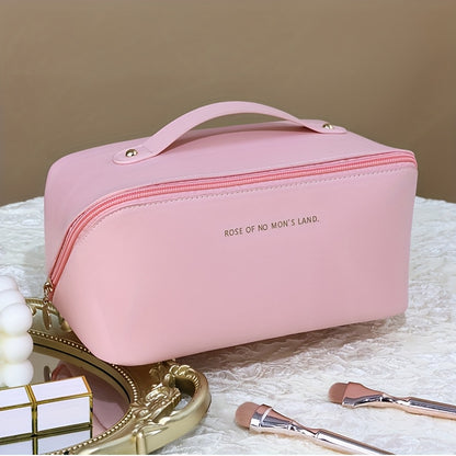 Yiwu-produced chic pink PU cosmetic case for women with large capacity and durable edge paint, featuring a chic pillow shape and polyester lining.