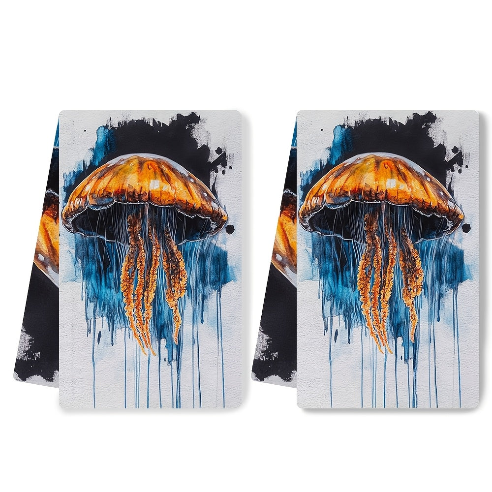 Two pieces of Coastal Jellyfish Design Kitchen Towels made of super absorbent polyester knit fabric. These towels are machine washable and feature a contemporary style. Each towel measures 40.64x60.96 cm. Product code: 2KYSYS1218333.