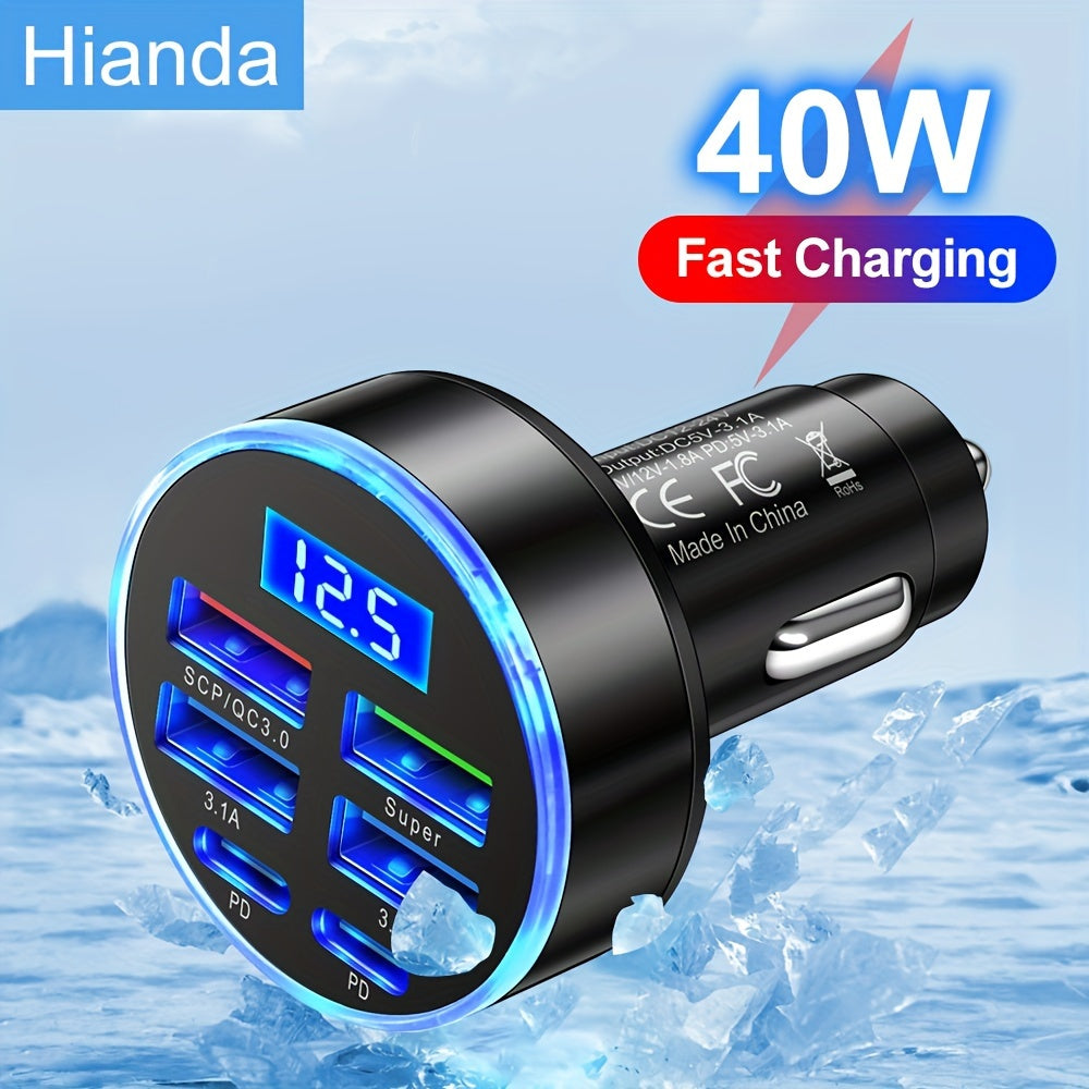 Hianda 6-in-1 USB Super Car Charger with LED Screen, Rapid Charging for 6 Phones