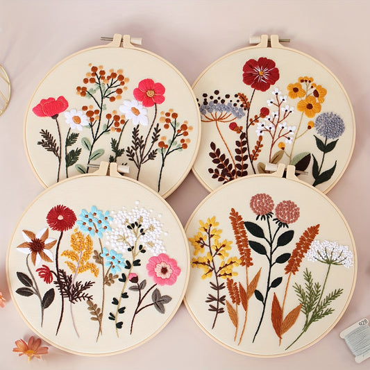 4-piece embroidery kit with floral pattern, hoops, floss threads, and needles, along with a 3-pack cross stitch kit for beginners.