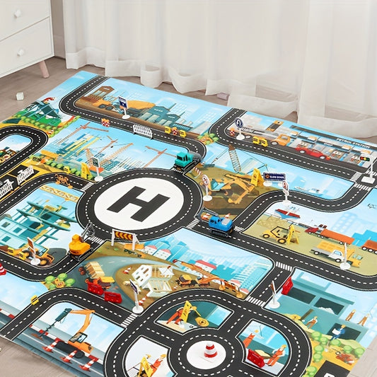 City construction and traffic play mat with mixed colors, includes toy and doll set for youngsters.