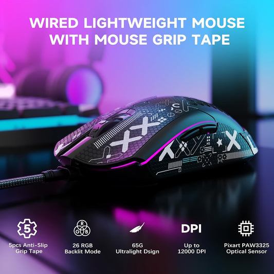 M5 Gaming Mouse with 65G Lightweight Honeycomb Housing, Ultraweave Cable, 26 RGB Backlighting, and Pixart 3325 12000 DPI Optical Sensor.