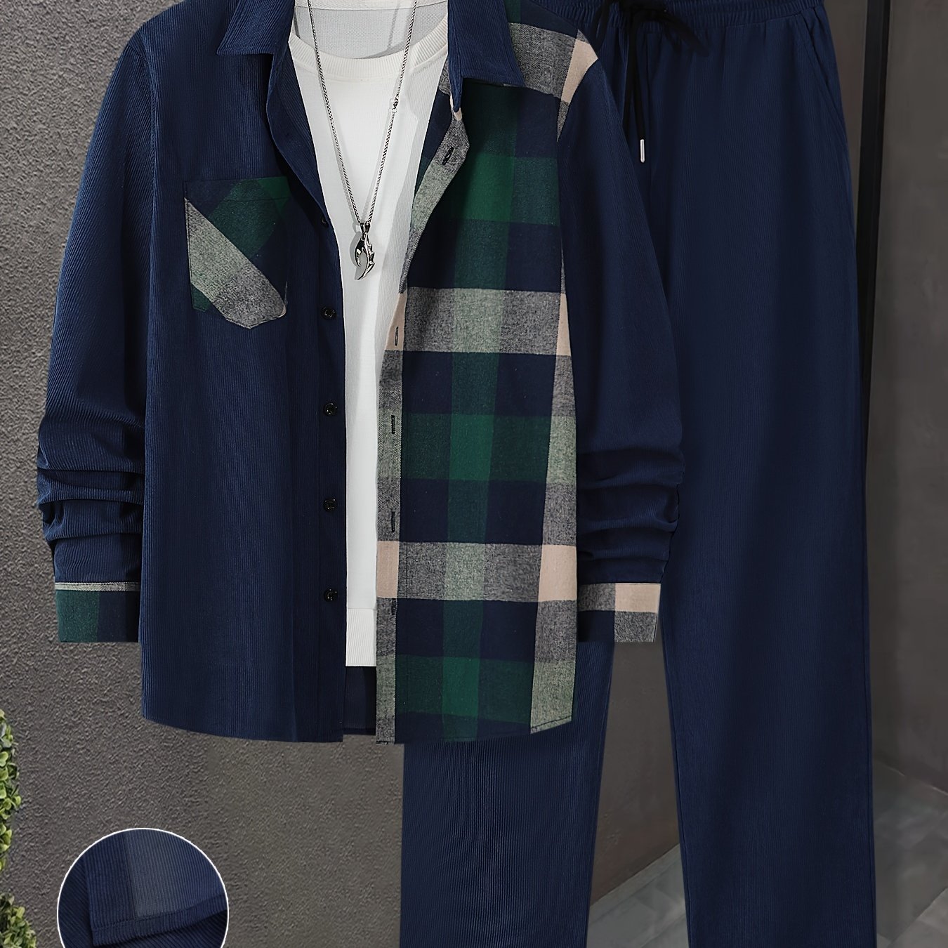 Men's Casual 2-Piece Outfit: Plaid Button-Up Shirt & Drawstring Pants