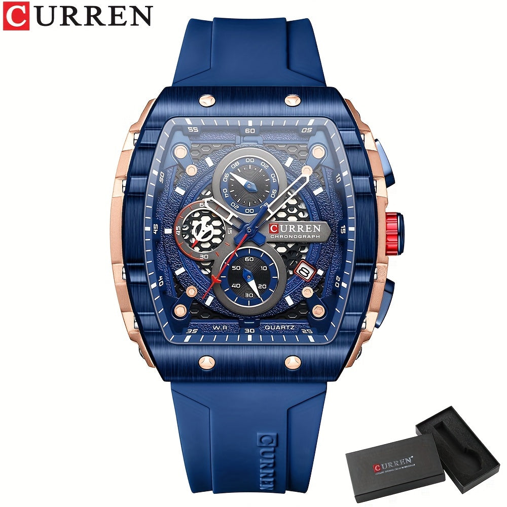 CURREN Sports Chronograph Quartz Watch with Tonneau Pointer, Waterproof Fashion Date Dial, Silicone Band.