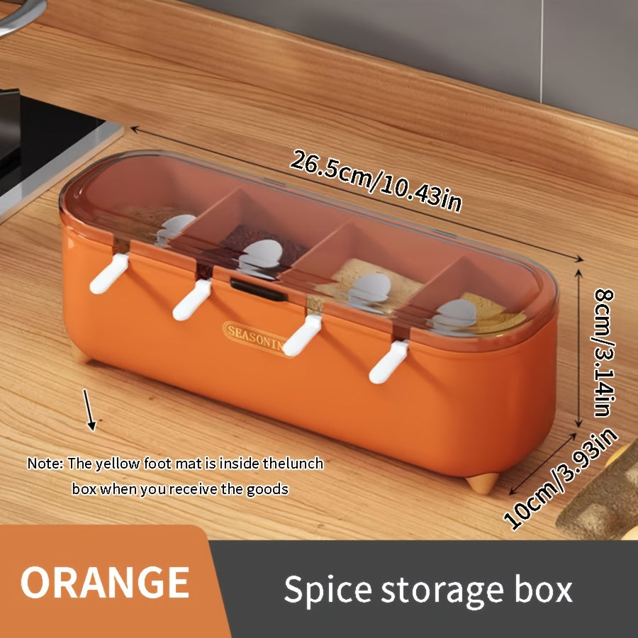 Season your meals with ease using this convenient 1-piece seasoning box. It features 4 compartments, a lid, and a spoon for easy access to your favorite spices, salt, and sugar. Keep your kitchen organized with this versatile storage container for all