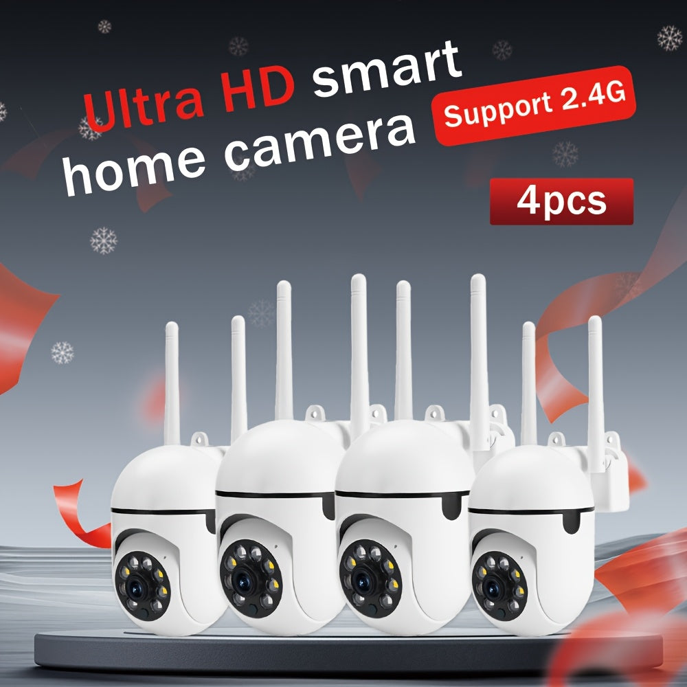 HD Security Camera System with 4 cameras, PTZ, Two-Way Audio, Night Vision, Smartphone Compatible, USB Powered, Wi-Fi enabled. Ideal for home security, suitable for ages 14 and up.