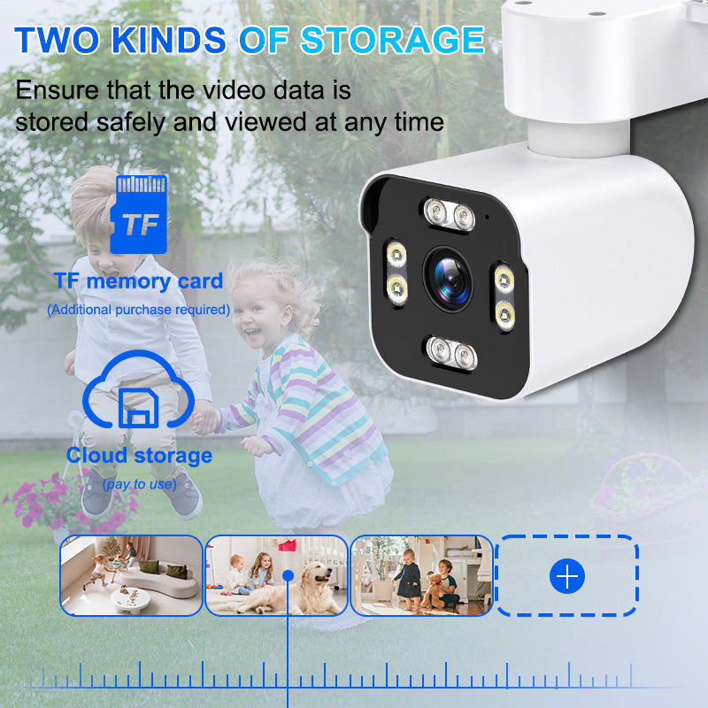 Advanced wireless security camera with intelligent features for night vision, including infrared and white LED lights. Equipped with full-color and infrared night vision capabilities, two-way voice communication, 365-degree horizontal PTZ, humanoid