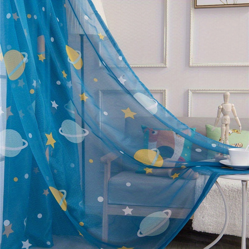 Blue cartoon kids curtain with star and planet print, ideal for boys' room decor. Grommet top design adds a dreamy touch to the window.