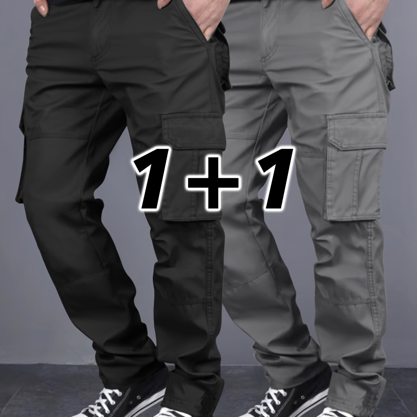 Men's 2-Pack Solid Color Cargo Pants with Multiple Pockets, Regular Fit, Ideal for Outdoor Activities