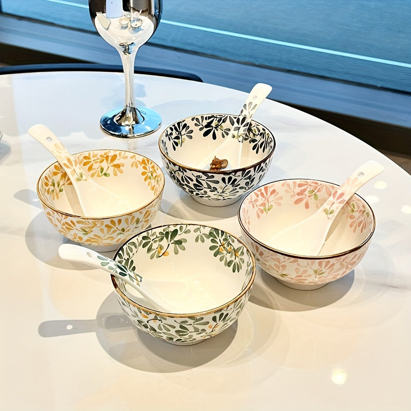 Set of 4 ceramic bowls with floral patterns, versatile for various dishes, safe for dishwasher, oven, and microwave.