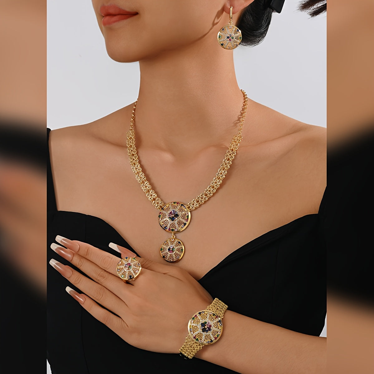 Exquisite 4-Piece Jewelry Set with an Arabian Vintage Touch - Crafted from 18K Gold-Plated Copper adorned with Vibrant Zirconia Stones. Set includes Ring, Earrings, Necklace, and Bracelet - Ideal for Wedding and Festive Occasions