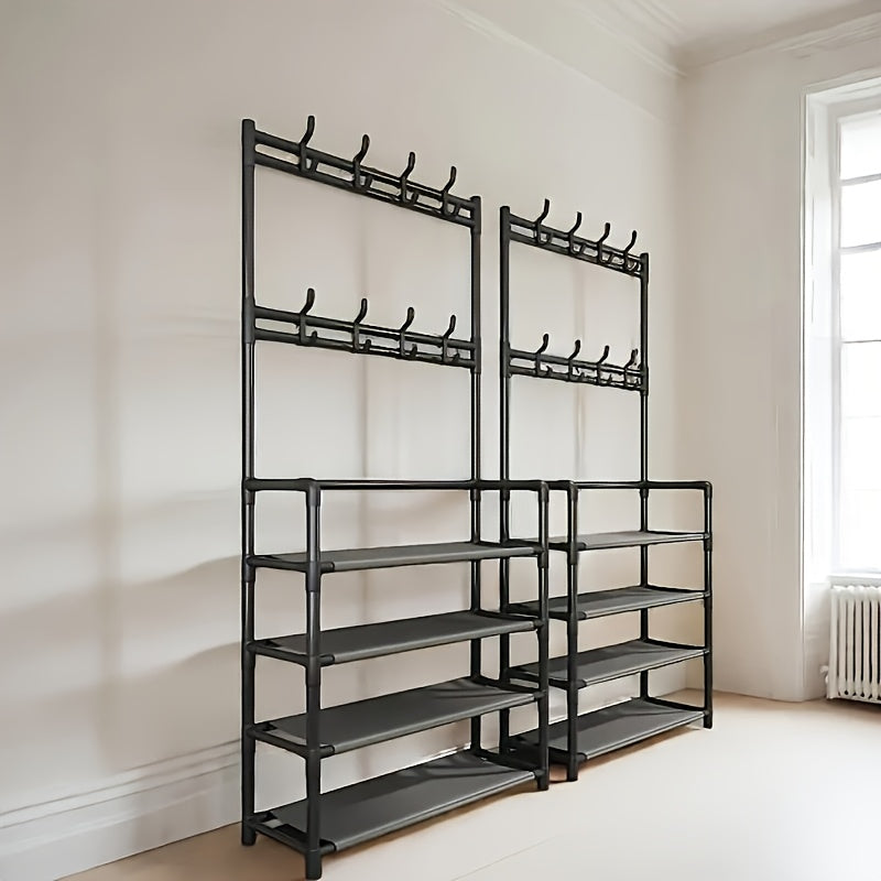 Freestanding Metal and Plastic Shoe Rack with 4/5 Tiers, 8 Hooks, and 2.27 KG Weight Capacity - Black/White Shoe and Clothes Organizer, Easy to Assemble.