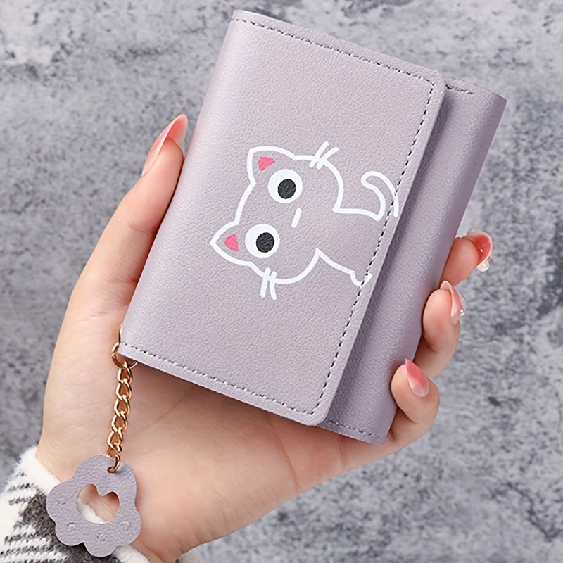 Girls' Tri-Fold Wallet with Adorable Pink Cat Cartoon Design - Compact Faux Leather Coin Purse with Keychain, Stain-Resistant & Lightweight - Ideal for Travel & Daily Use