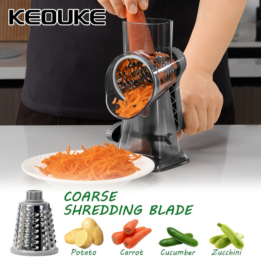 "KEOUKE Versatile Cheese Grater & Vegetable Slicer - Handheld with Stainless Steel Blades, Ideal for Potatoes & More - Sleek Transparent Design