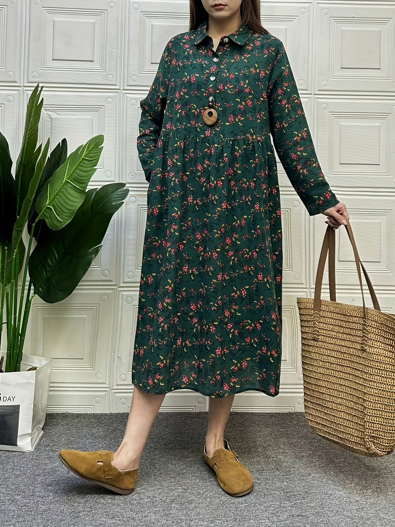 Spring and Summer Retro Ethnic Style Linen Shirt Collar Dress with Small Floral Blouse