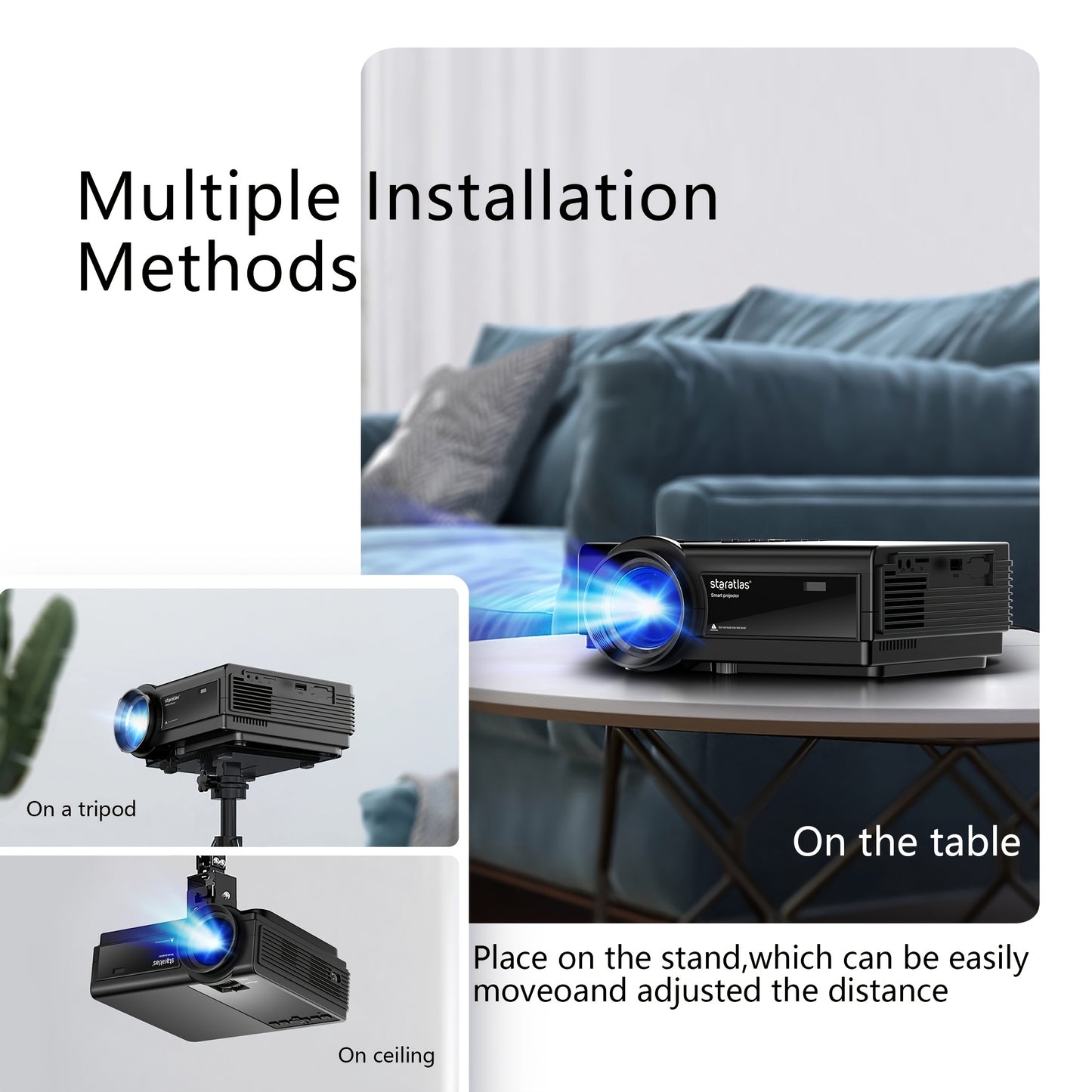 Portable WiFi projector with native 1080P resolution, 7.62m display, outdoor movie capability, and compatibility with USB, AV, Fire Stick, smartphones, and office electronics.