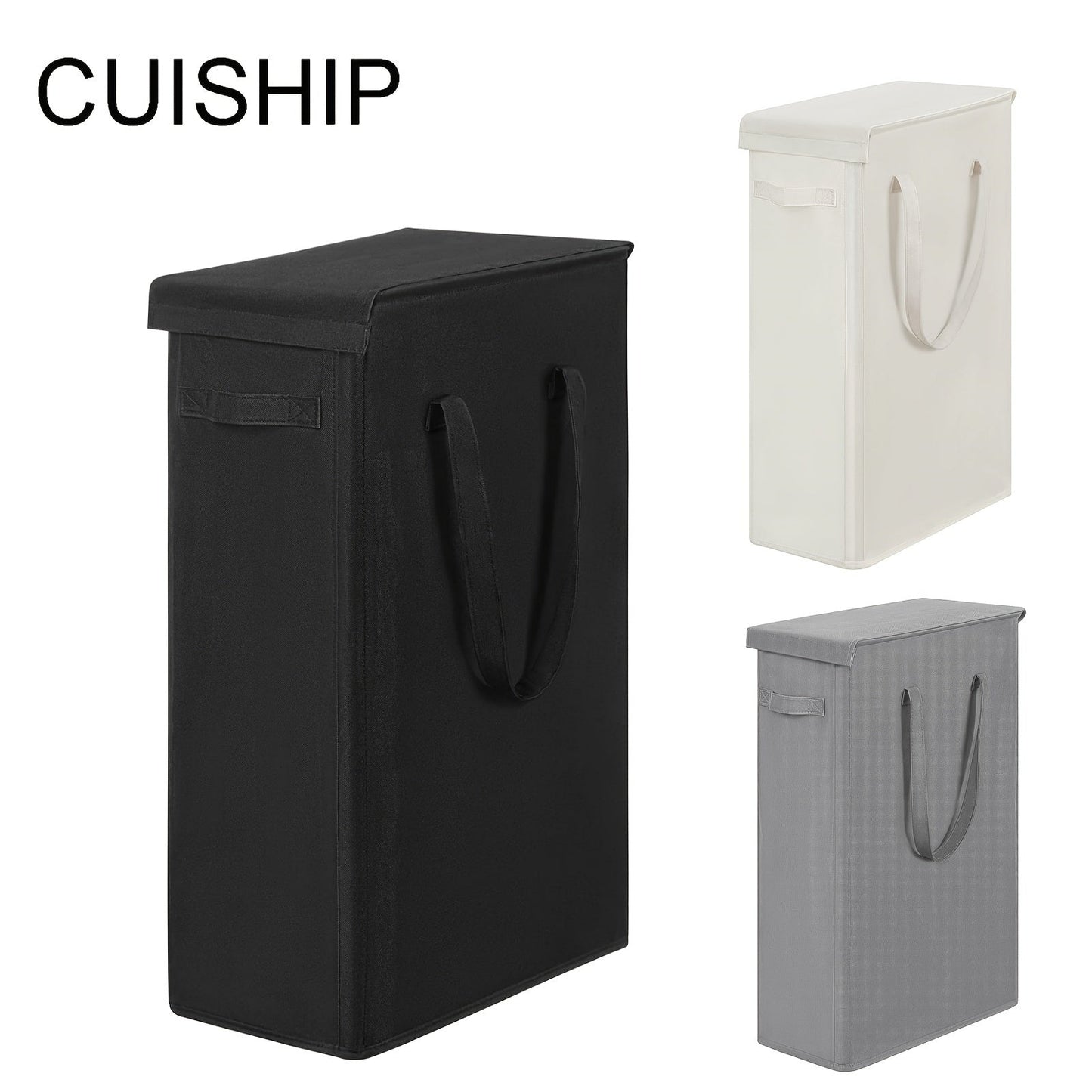 The ultra-slim 60L laundry hamper with a lid is conveniently foldable and portable, making it an ideal storage solution for dirty clothes. This basket includes handles for easy transportation and is perfect for use in the bedroom, bathroom, dorm, or