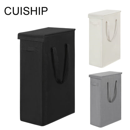 The ultra-slim 60L laundry hamper with a lid is conveniently foldable and portable, making it an ideal storage solution for dirty clothes. This basket includes handles for easy transportation and is perfect for use in the bedroom, bathroom, dorm, or