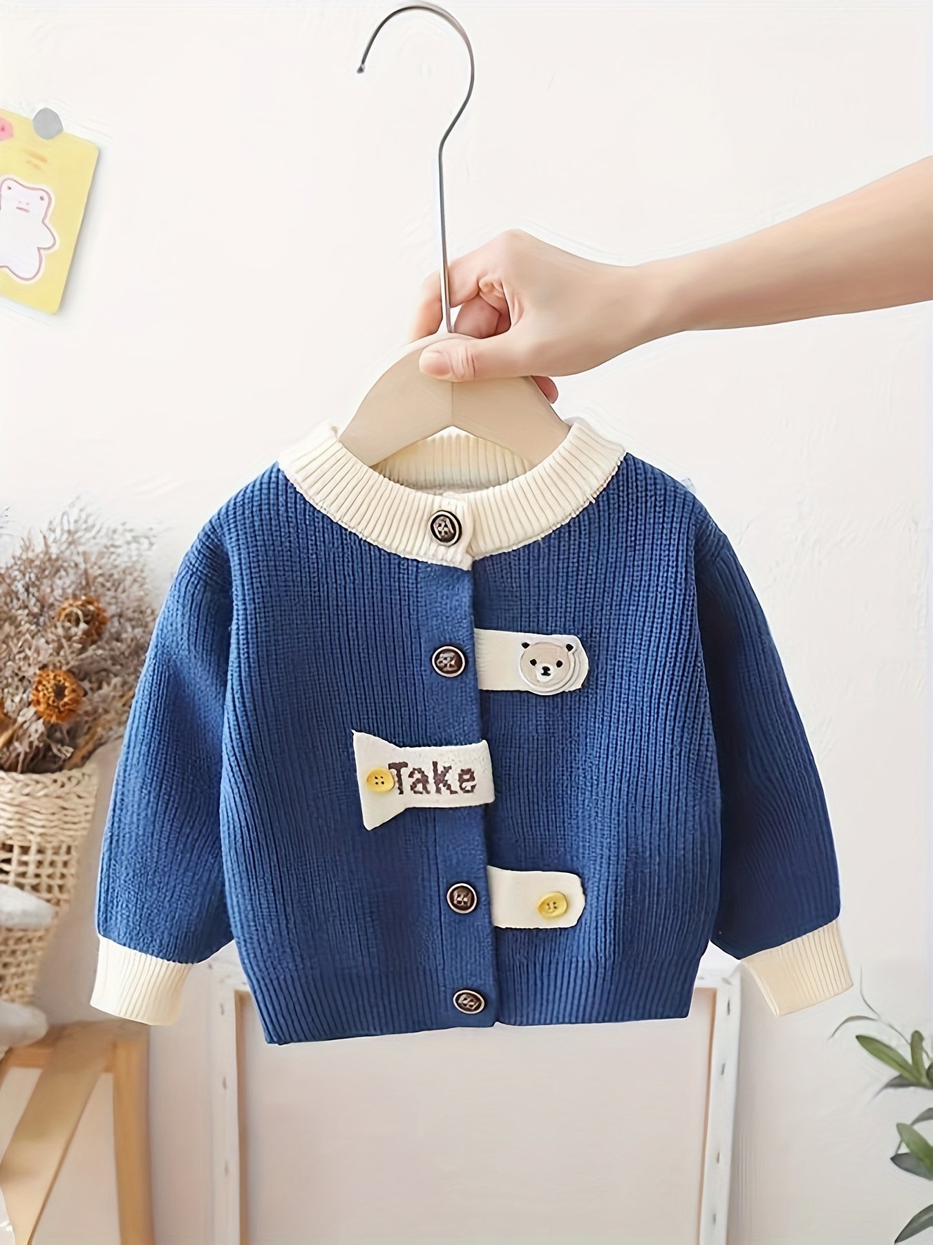 Cute boys' mustard yellow cardigan with bear patch. Cozy knit outerwear, perfect for fall/winter.