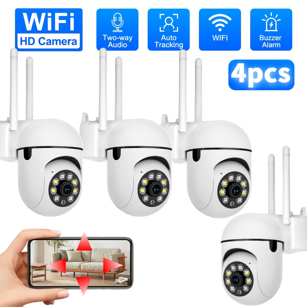 Wireless home security camera set includes four cameras with night vision, two-way audio, motion detection, 1080P HD resolution, 355° rotation, pet monitoring feature, WiFi connectivity, cloud and SD card storage options, Amazon Alexa compatibility