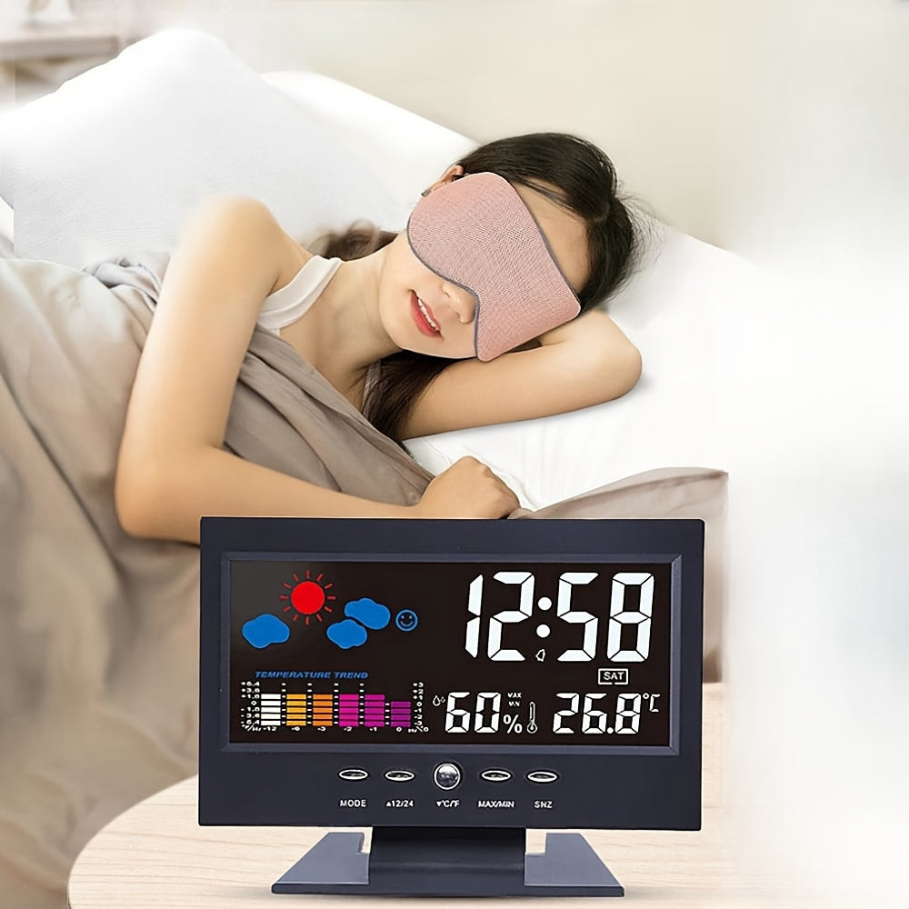 Voice controlled digital weather clock with backlight, temperature, humidity, and weather forecast. Includes USB cable, battery not included.