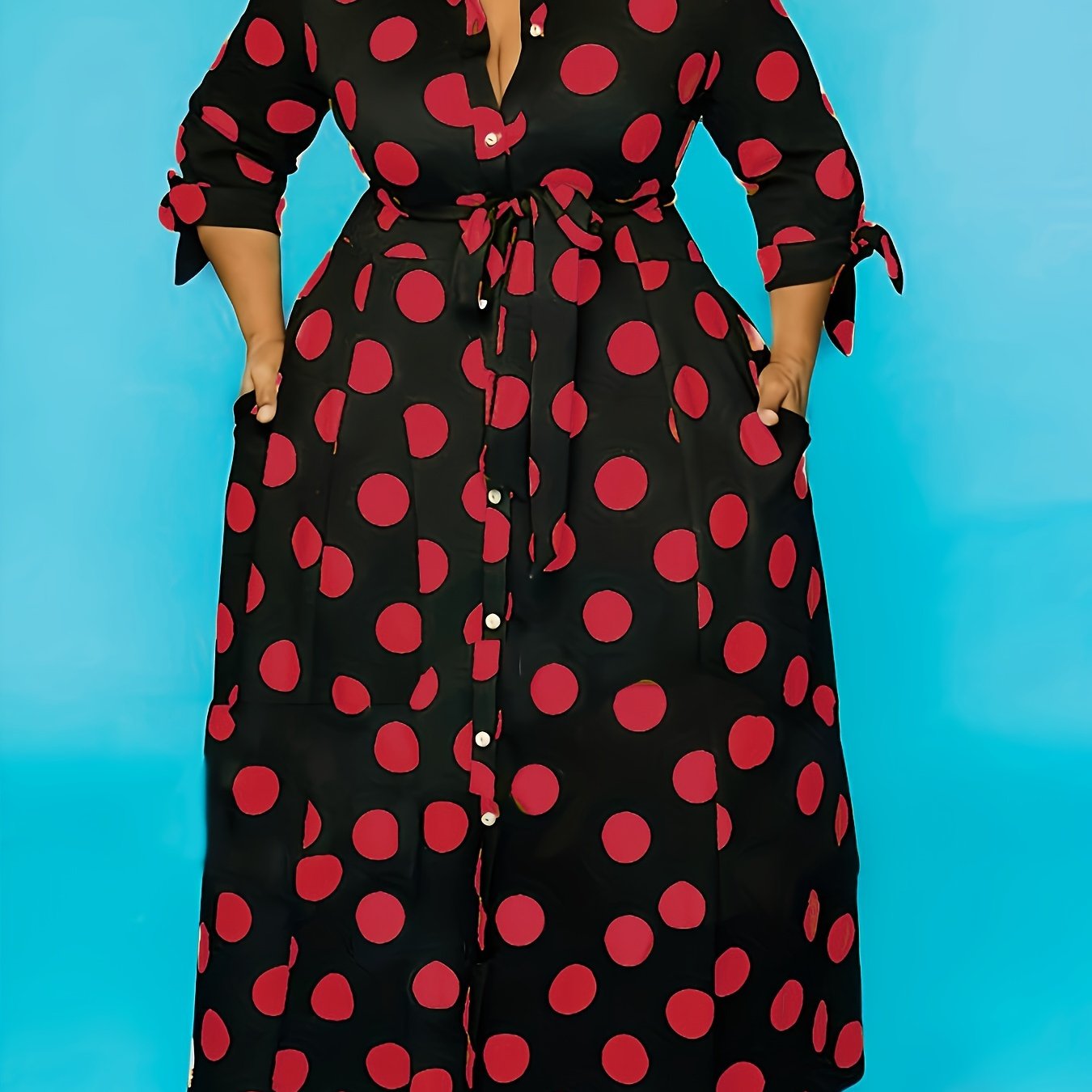 Women's plus size polka dot print maxi dress with collared button-up front and belted waist.