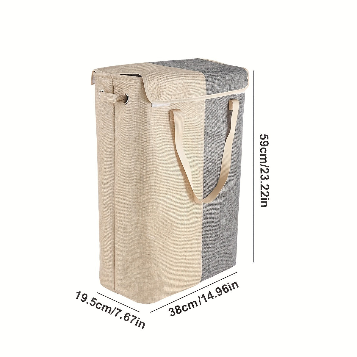 Tall, slim laundry hamper with lid and handles for bathroom, bedroom, or dorm organization. Made of waterproof linen fabric.