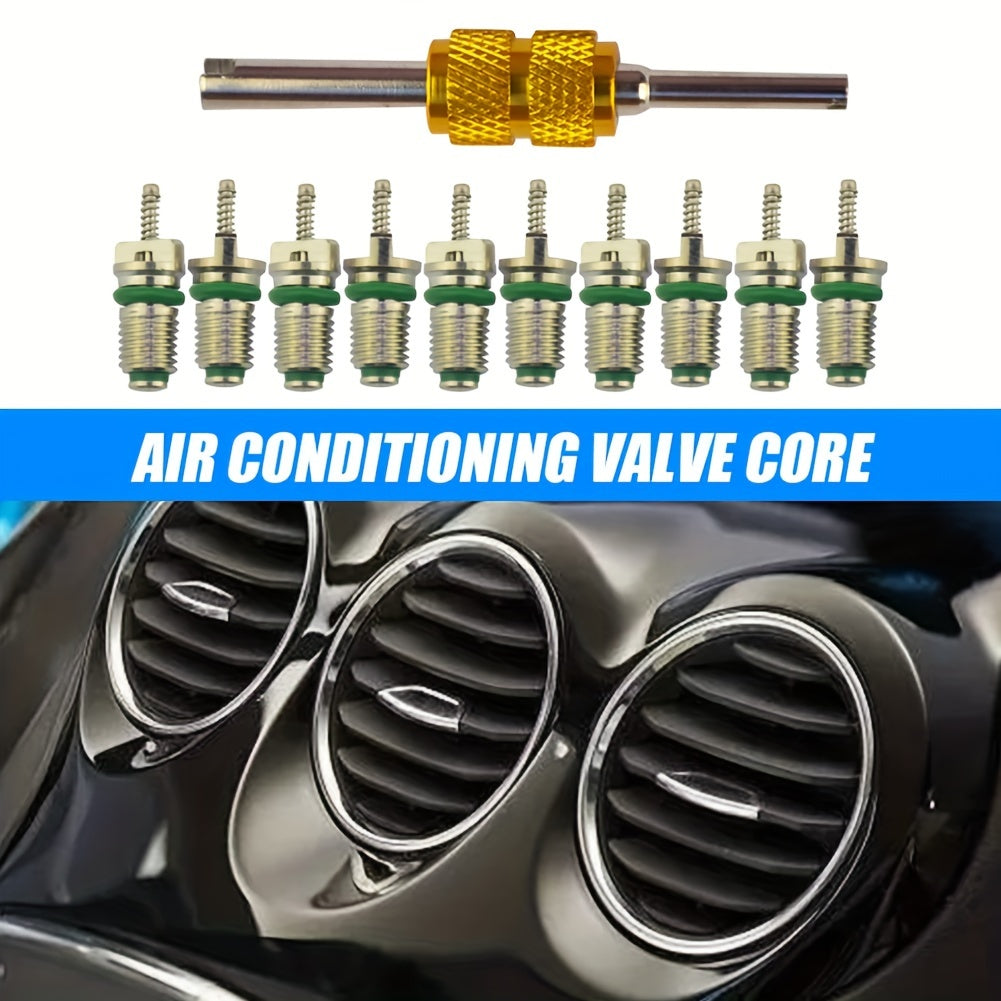 Maintenance kit for automotive air conditioners, featuring a set of 10 high-pressure green valve cores made of brass. Includes dual-headed replacements, no electricity needed.