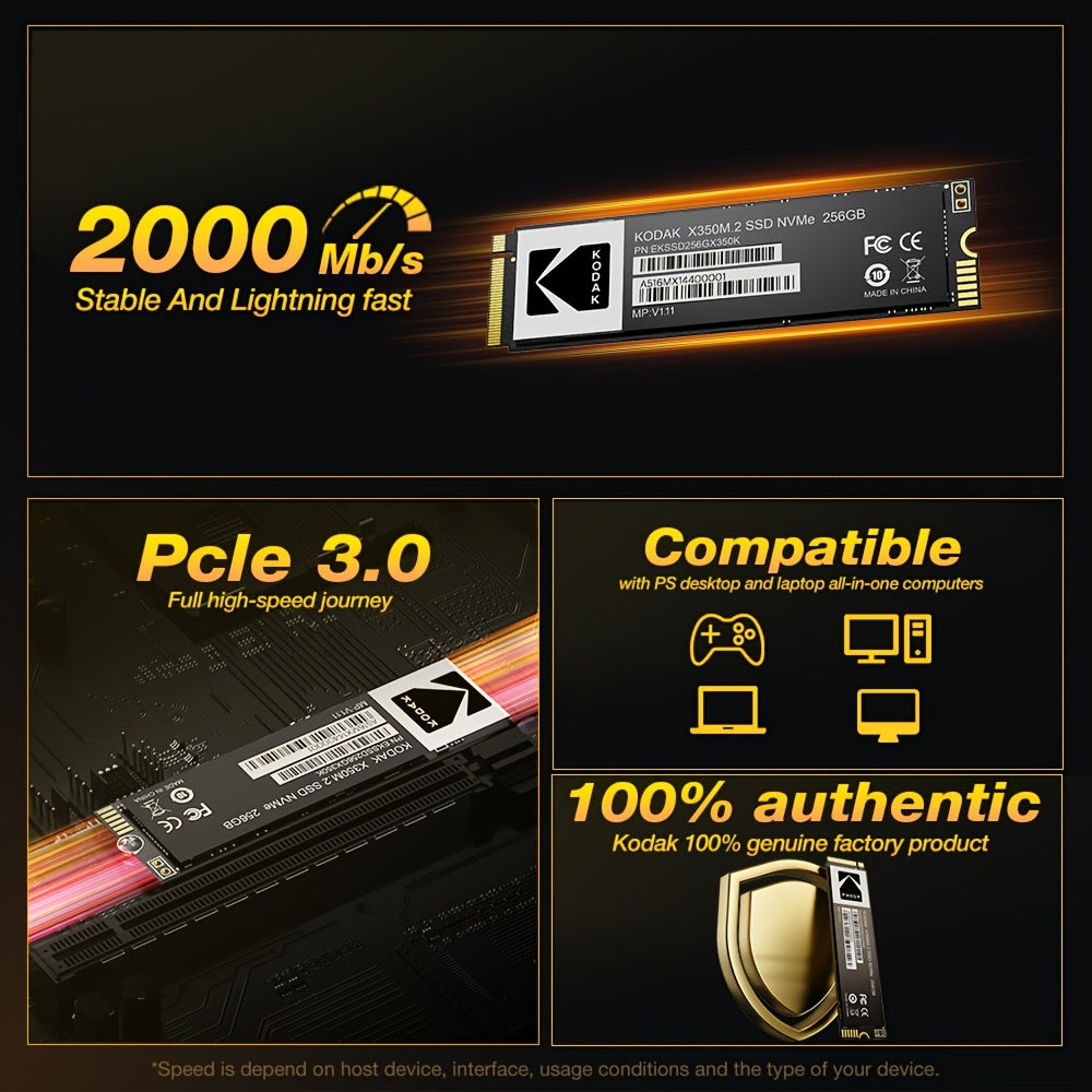 Kodak SSD M2 NVME solid state drive, available in 1TB, 512GB, and 256GB with reading speed up to 2000MB/s for laptops and desktops.