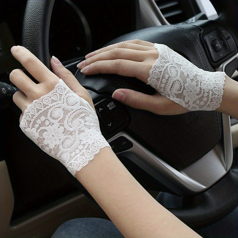 Geometric lace half finger wrist sleeves with thumb hole for summer sunscreen protection.