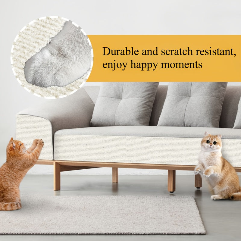 Wall-mounted cat scratching mat made of durable, fluff-free polyester with self-adhesive backing, cut-to-fit for all breeds.