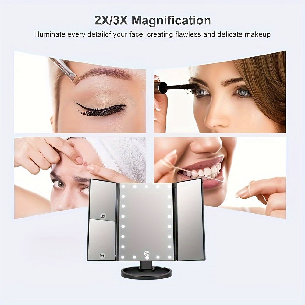 1pc LED Lighted Vanity Makeup Mirror with 2X & 3X Magnification, Touch Control, Trifold Design, Dual Power Supply (Battery/USB), Portable - Perfect Women's Gift for Makeup Application