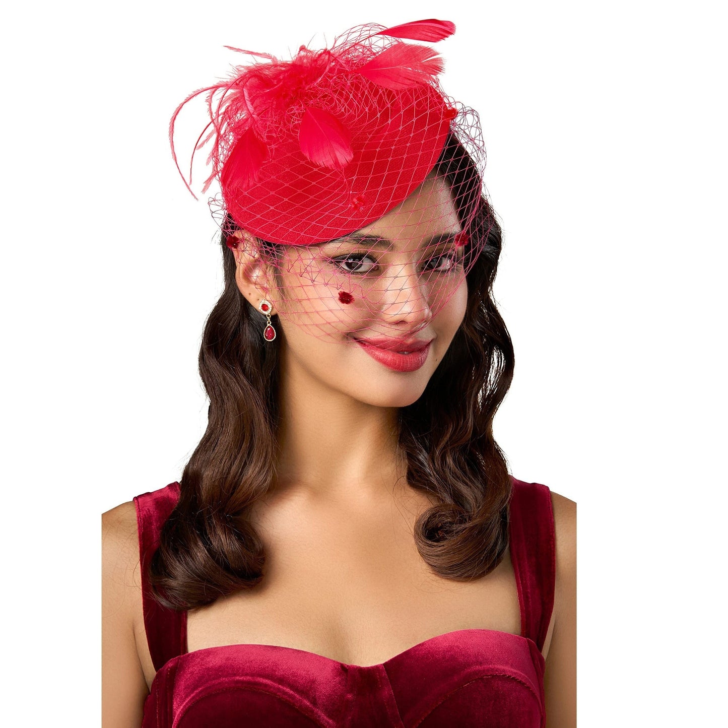 Faux Feather Fascinator Hat with Veil and Hair Clip - Perfect for Tea Parties, Derby Hats, Bridal Weddings