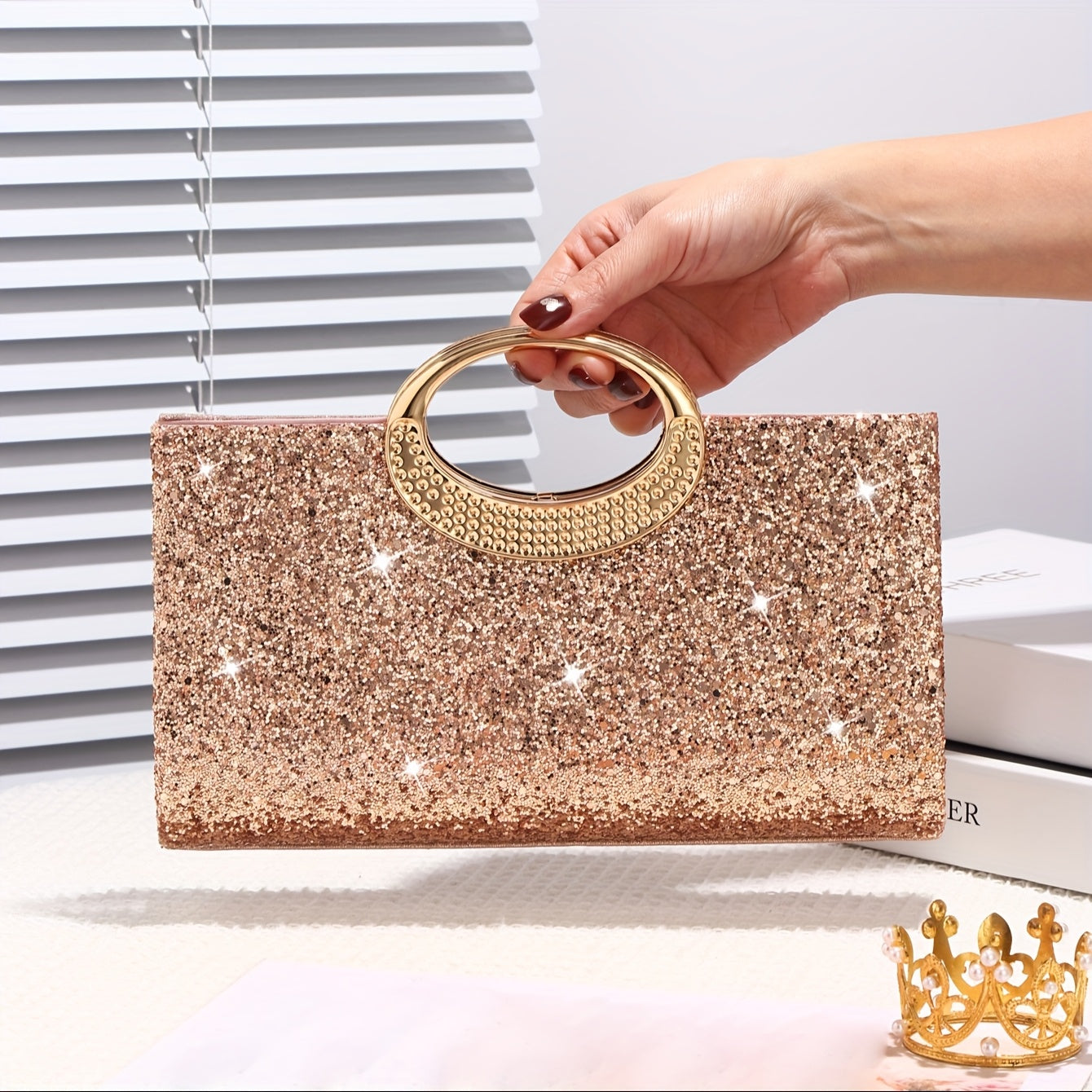 Sequin evening handbag with golden accents, perfect for weddings, parties, dances, and special occasions.